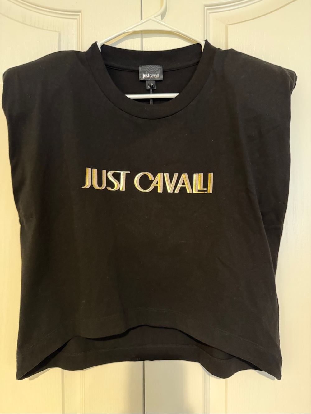 Just Cavalli Women's Black Logo Padded Shoulder Sleeveless Top Size S NWT